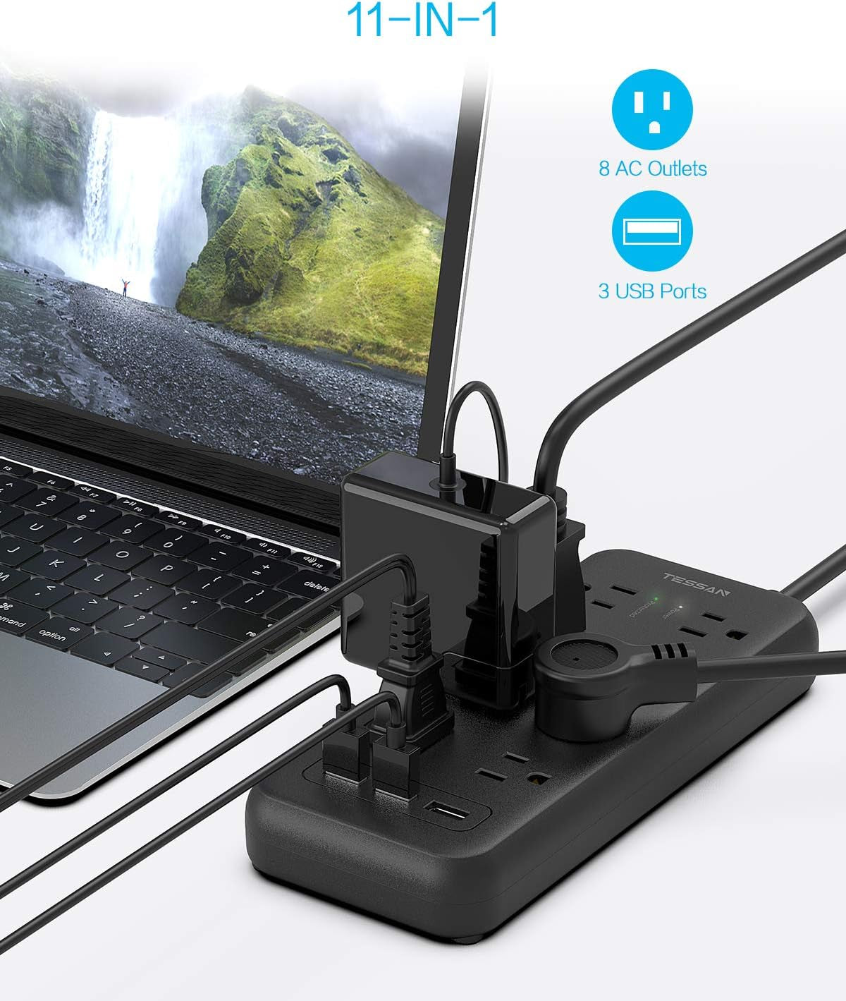 Surge Protector Power Strip, 8 Outlets and 3 USB Ports 5Ft Long Extension Cord Flat Plug, 1875W/15A, 1700 Joules, Wall Mountable for Home, Office, School and Dorm Room Essentials, Black
