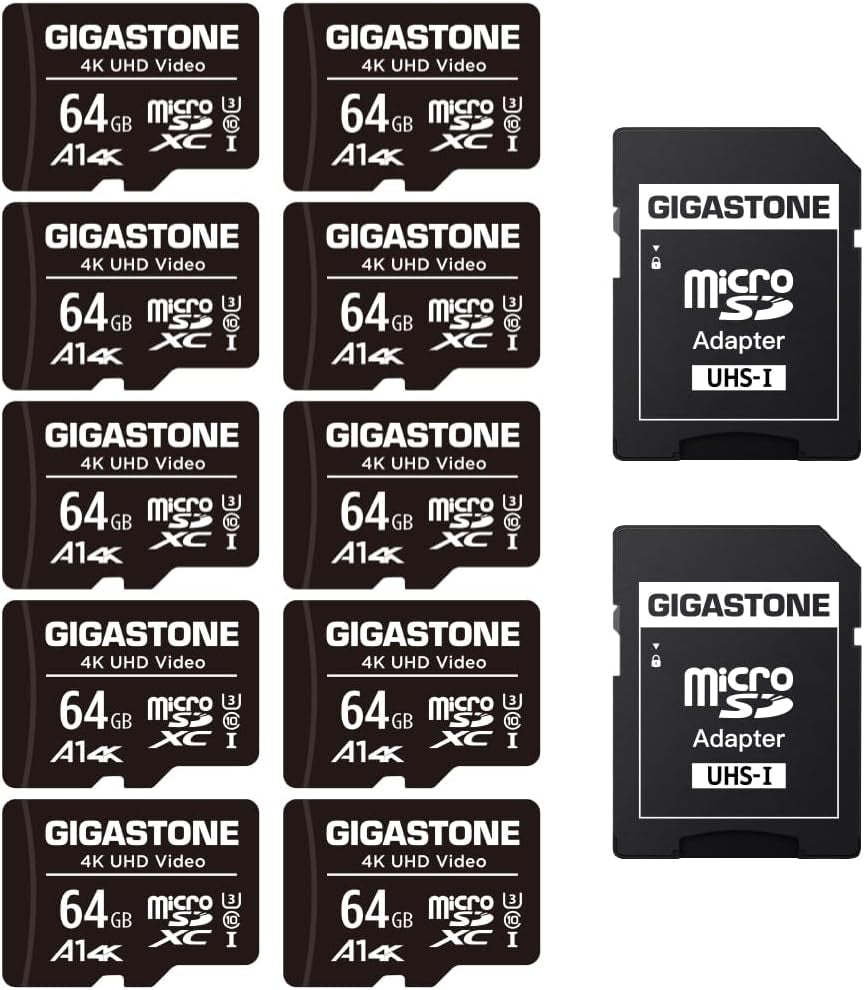 64GB Micro SD Card 10-Pack, A1 V30 4K Video Recording, Surveillance Security Cam Action Camera Drone Professional, 90Mb/S Micro SDXC UHS-I Class 10