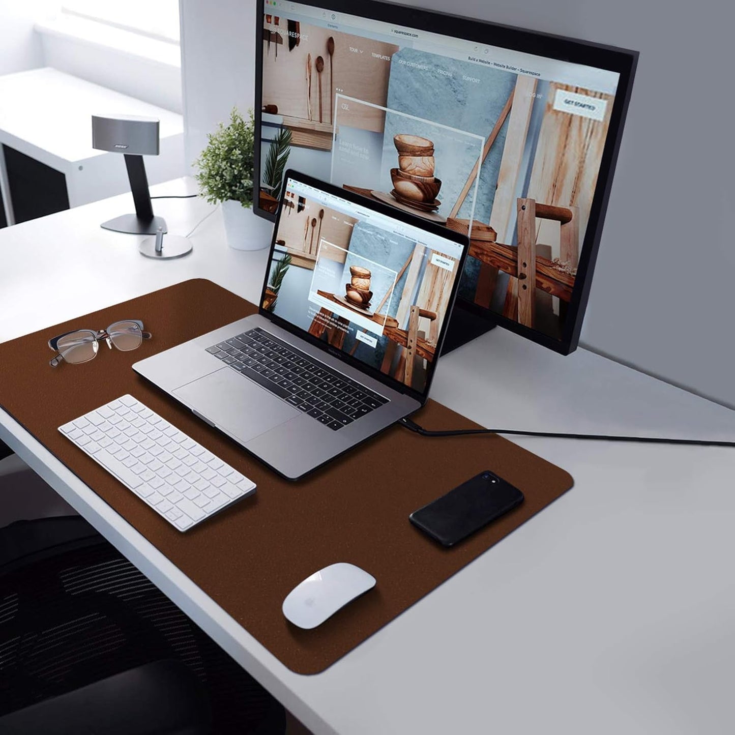 PU Leather Desk Pad with Suede Base, Multi-Color Non-Slip Mouse Pad, 24” X 14” Waterproof Desk Writing Mat, Large Desk Blotter Protector (Brown)