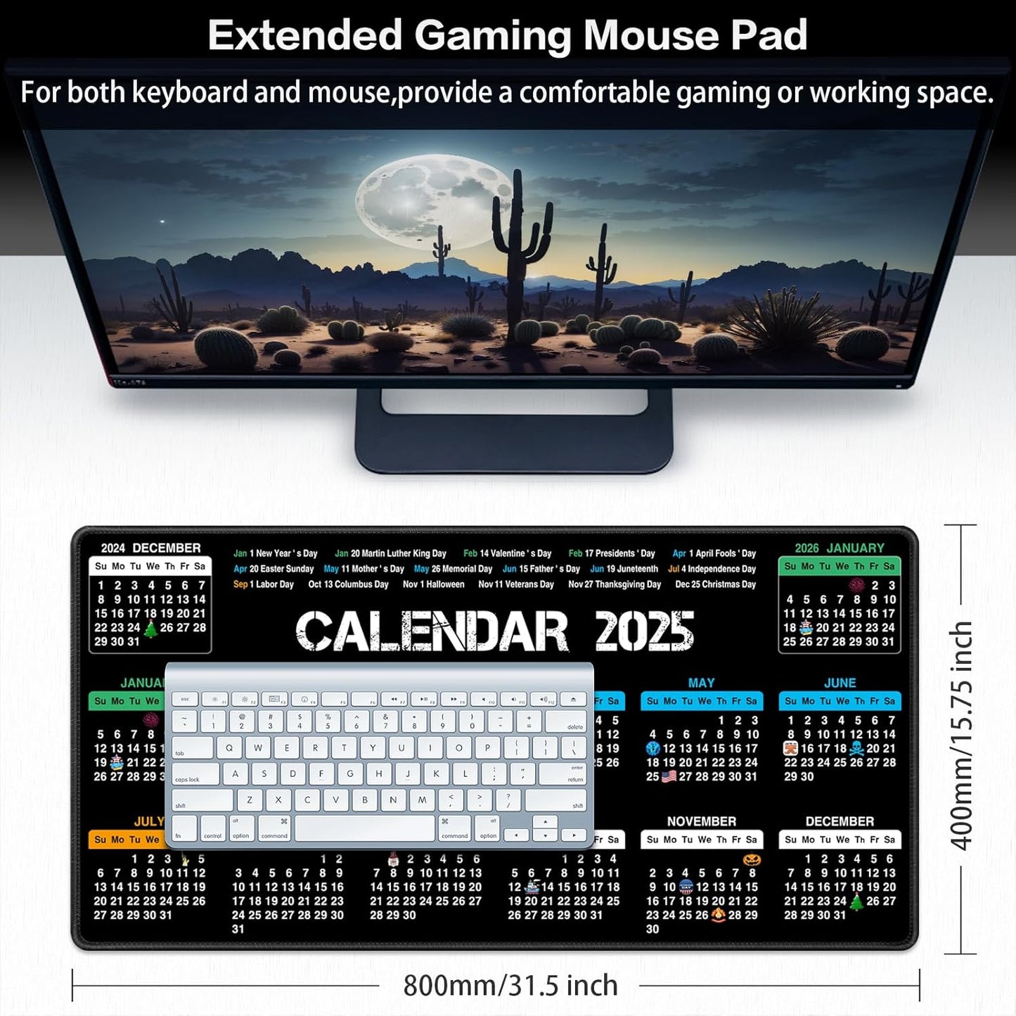 2025 Calendar Mouse Pad with Holidays, 31.5X15.7Inch Large Extended Big Computer Mousepad Premium-Textured & Waterproof Desk Mat