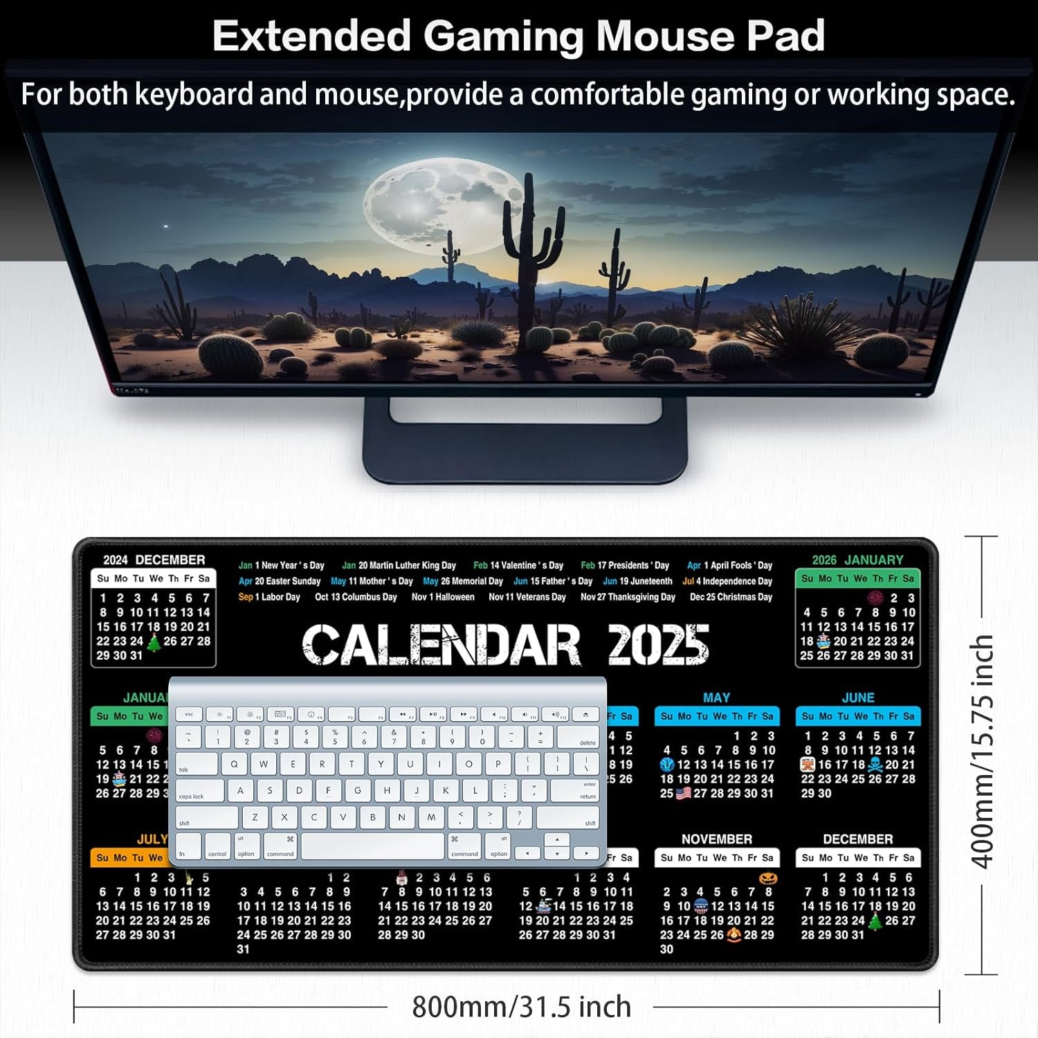 2025 Calendar Mouse Pad with Holidays, 31.5X15.7Inch Large Extended Big Computer Mousepad Premium-Textured & Waterproof Desk Mat