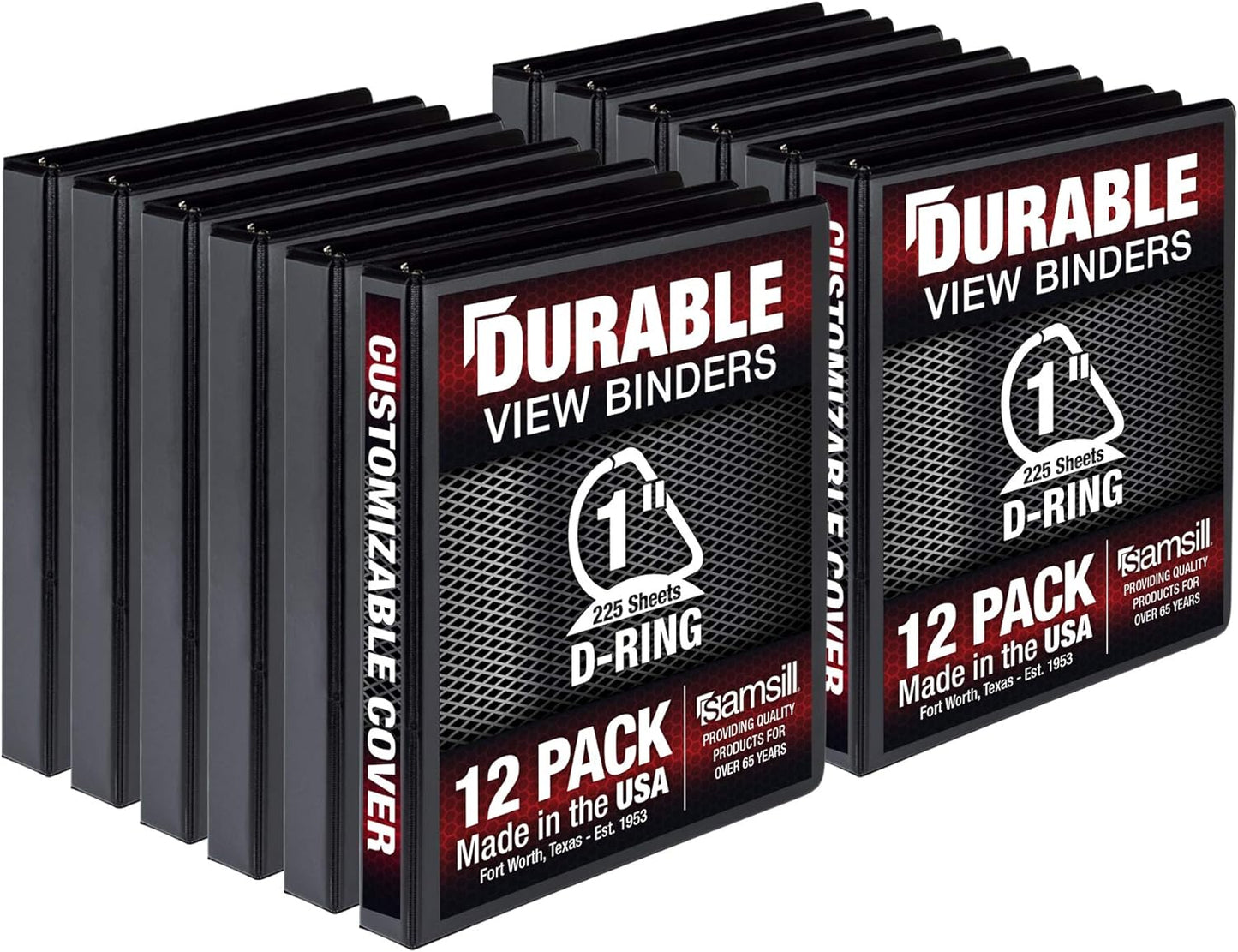 Durable 1 Inch 3 Ring Binder, Made in USA, D Ring Binder, FSC 100% Recycled Chipboard, Black, 12 Pack