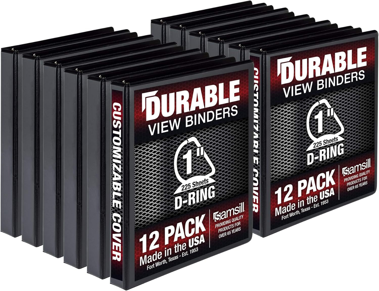 Durable 1 Inch 3 Ring Binder, Made in USA, D Ring Binder, FSC 100% Recycled Chipboard, Black, 12 Pack
