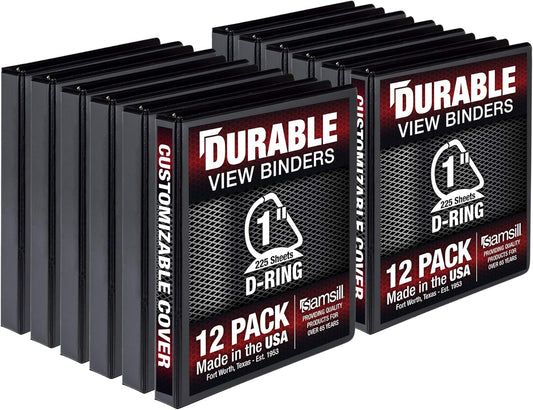 Durable 1 Inch 3 Ring Binder, Made in USA, D Ring Binder, FSC 100% Recycled Chipboard, Black, 12 Pack